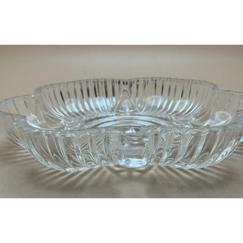 Vintage Clear Pressed Glass Petal Nappies Handled‎ Scalloped Ribbed Pair